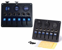 Switch panel 5x ON-OFF + 1x ON(MOM) blue LED IP65 180x110mm 12V-24V 10A USB-2.4A voltmeter (GS630659