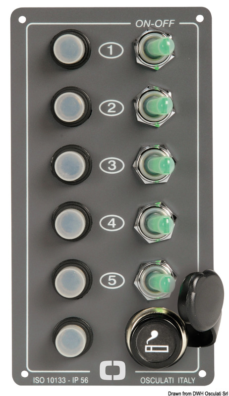 Панель переключателей с 5 (4+1MOM) переключателей + розетка 12V 170x90mm