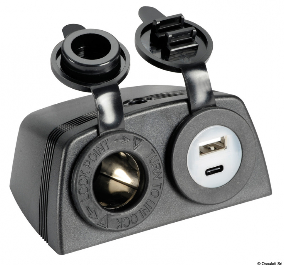12V Rozete + USB-A (2,4A) un USB-C (3A) rozete