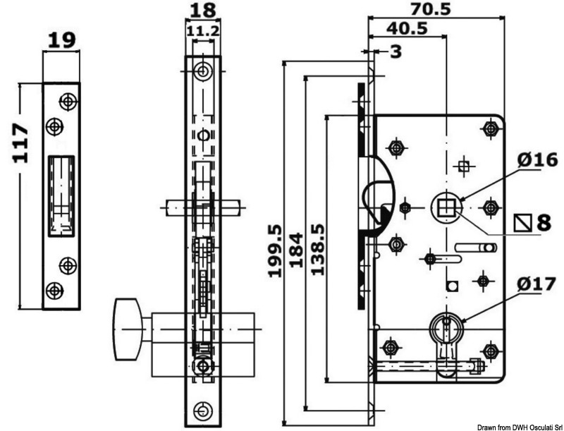 Yale-type external lock 16/38 mm w/flush hooking