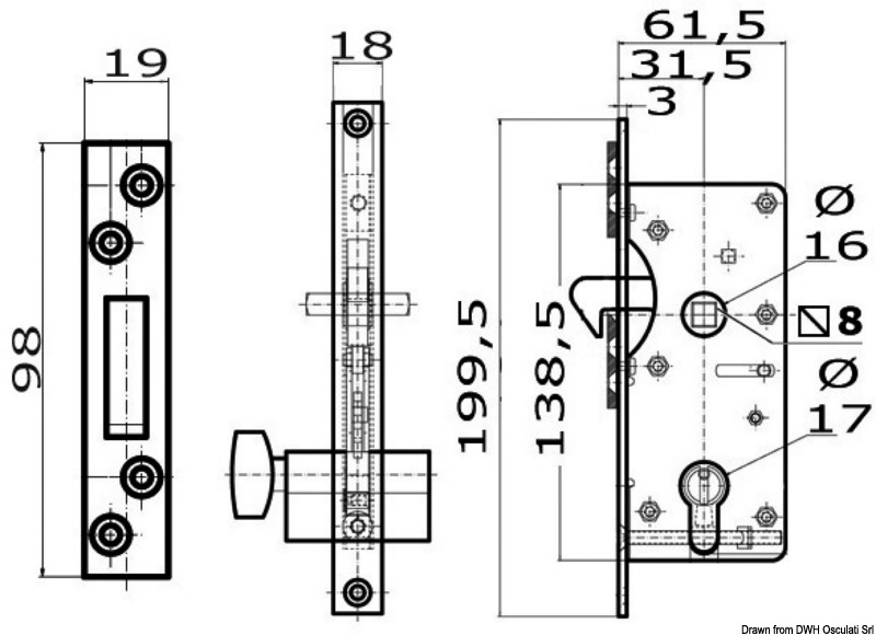 Yale-type external lock 16/38 mm w/projecting hook