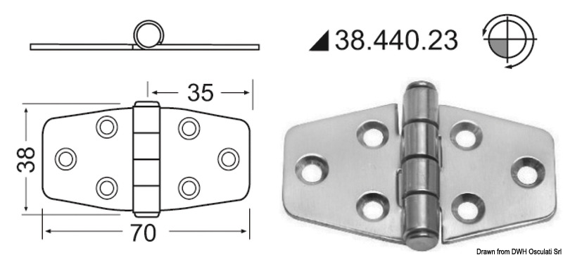 Hinge w/standard pin 2mm 70x38 mm