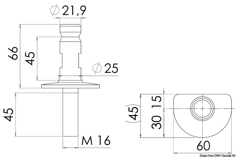 Stanchion base AISI316 60 x 45 mm