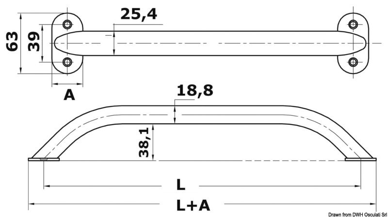 Oval pipe handrail AISI316 19x25 mm 450 mm