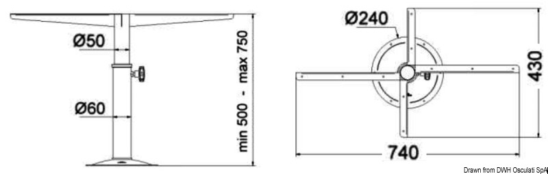 Swivelling telescopic table pedestal 500/720 mm