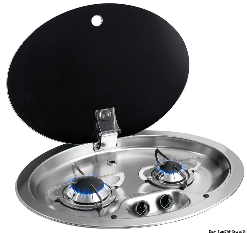 2-burner SS hob w/tinted glass cover 510x390 mm