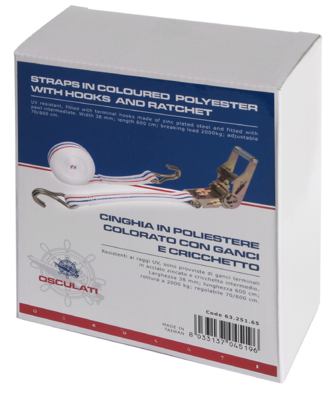 Coloured polyester strap w/hook 38 mm 515 cm