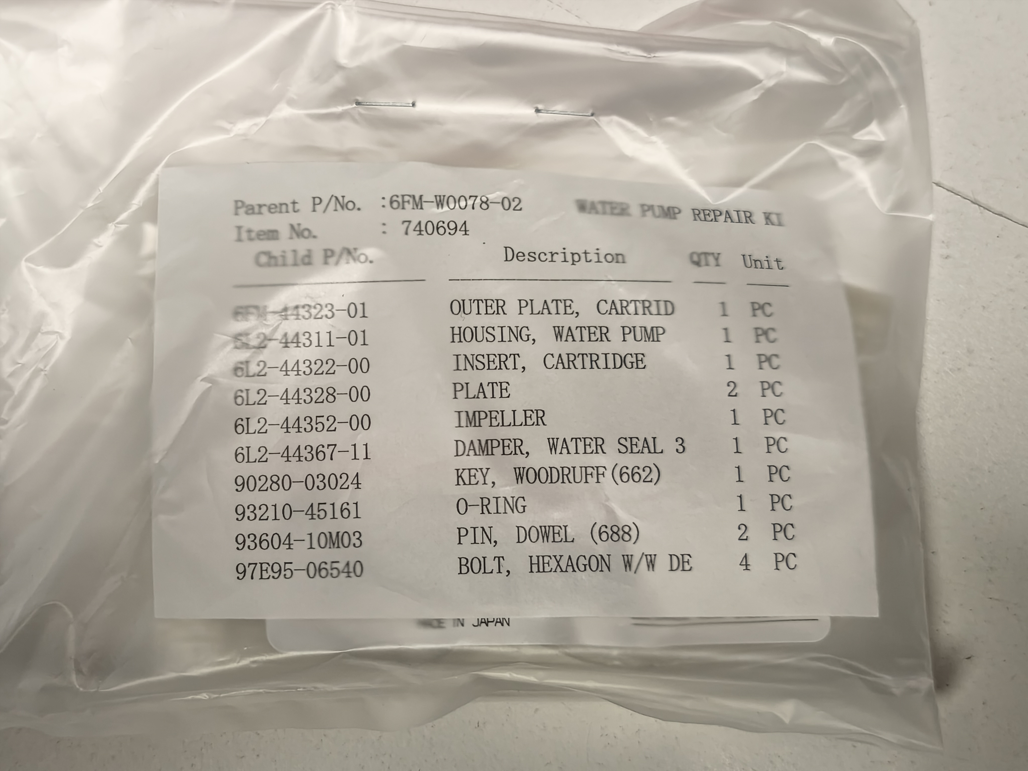 Water pump repair kit