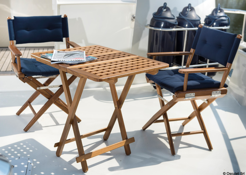 Teak folding chair blue padded fabric
