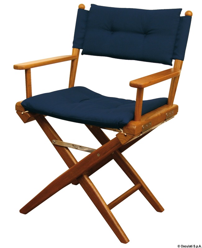 Teak folding chair blue padded fabric
