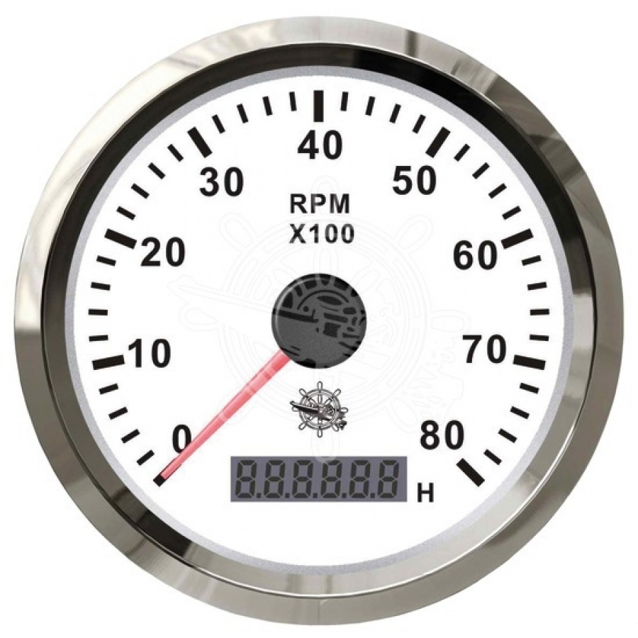 Tachometer 0-8000 RPM white/chrome (With an hour meter 12/24V)