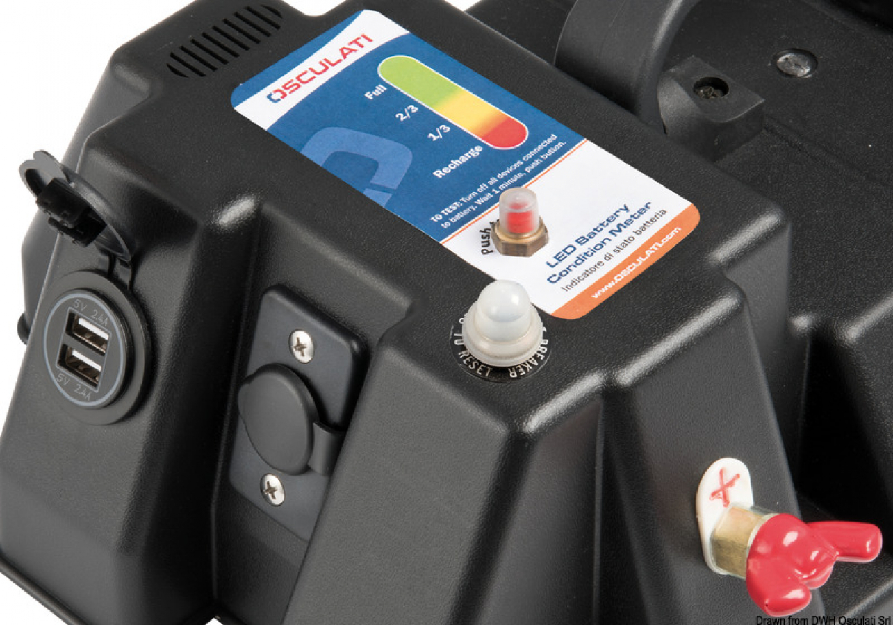 Akumulatora kaste POWER center līdz 105Ah 12V USB izeja 2x2,4A un 10A 12V izeja 318x175xh257mm