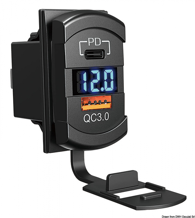 Dubultā rozete  USB A + USB C ar 12/24V voltmetru 3A +3A QC-3  49x25x51mm