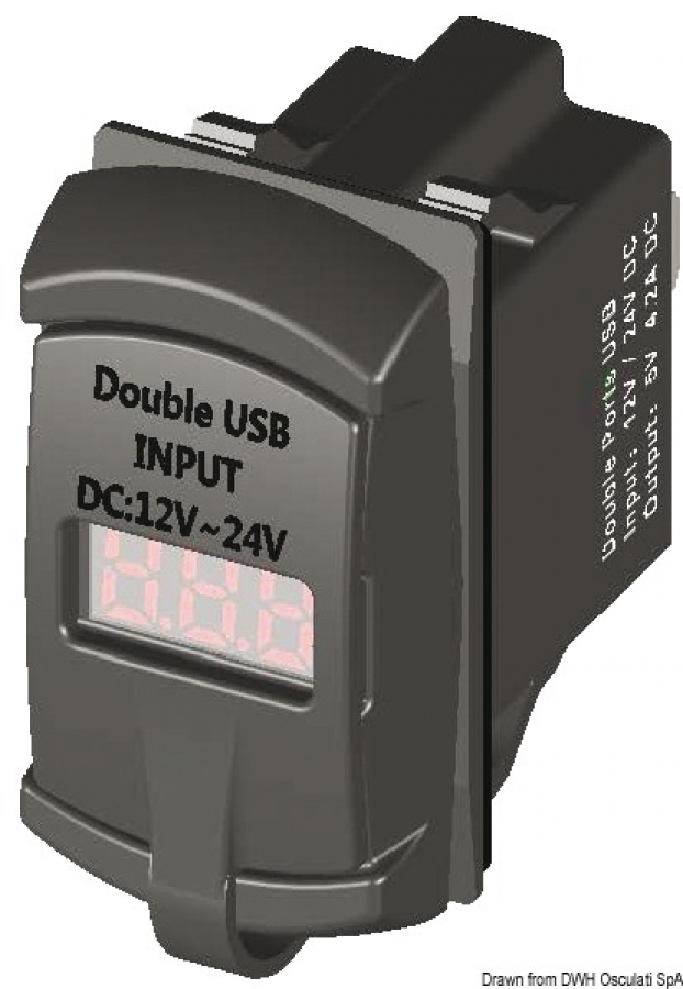 Dual USB plug + voltmeter 5-30V Output USB-A 2.1A + 2.1A