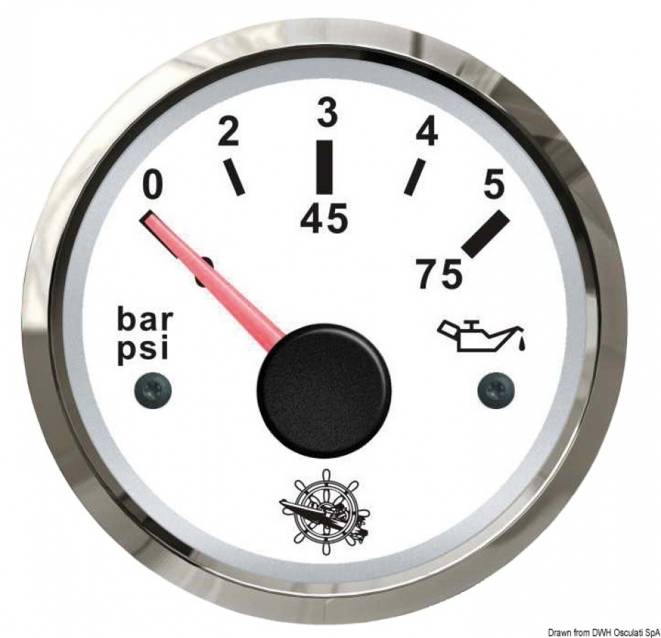 Eļļas spiediena indikators 0-5 bar  balts 51mm 12/24V