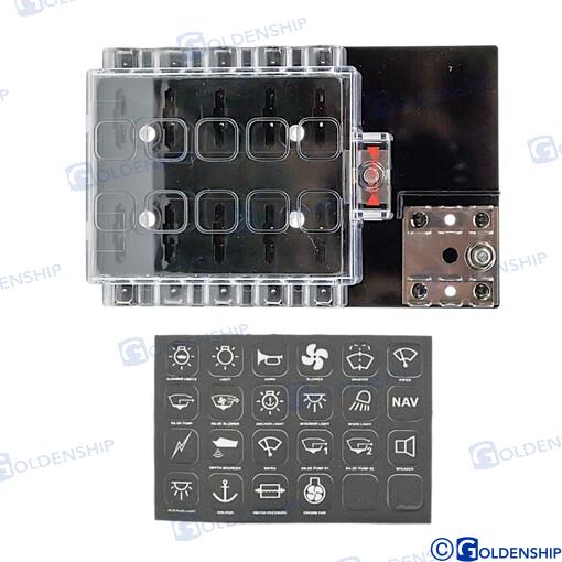 Combined fuse panel with 10 positions, 12V -36V, max. To one contact 25a, total 100a