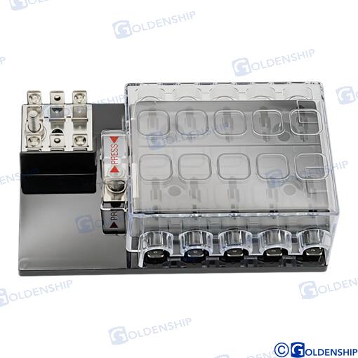 Combined fuse panel with 10 positions, 12V -36V, max. To one contact 25a, total 100a