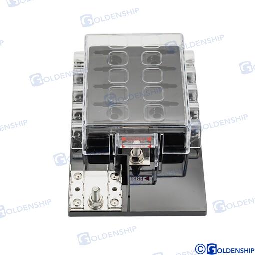 Combined fuse panel with 10 positions, 12V -36V, max. To one contact 25a, total 100a