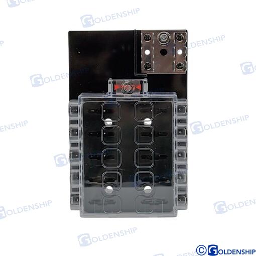 Combined fuse panel with 10 positions, 12V -36V, max. To one contact 25a, total 100a