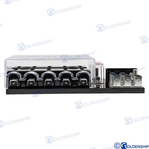 Combined fuse panel with 10 positions, 12V -36V, max. To one contact 25a, total 100a