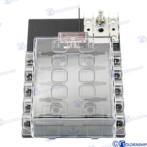 Combined fuse panel with 10 positions, 12V -36V, max. To one contact 25a, total 100a