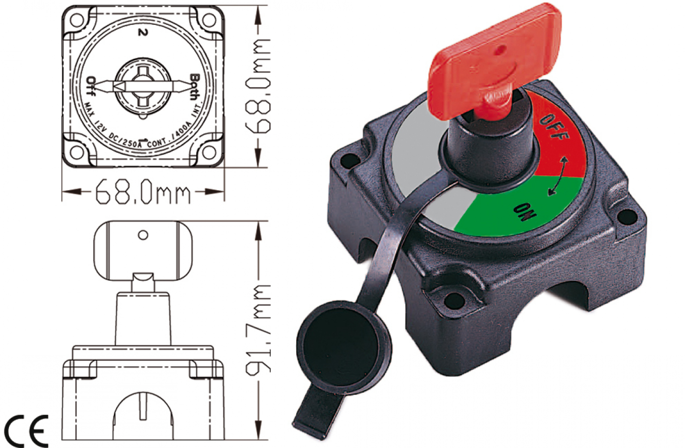 Battery disconnector with key, 250 Amp at 12 V , 12-24V