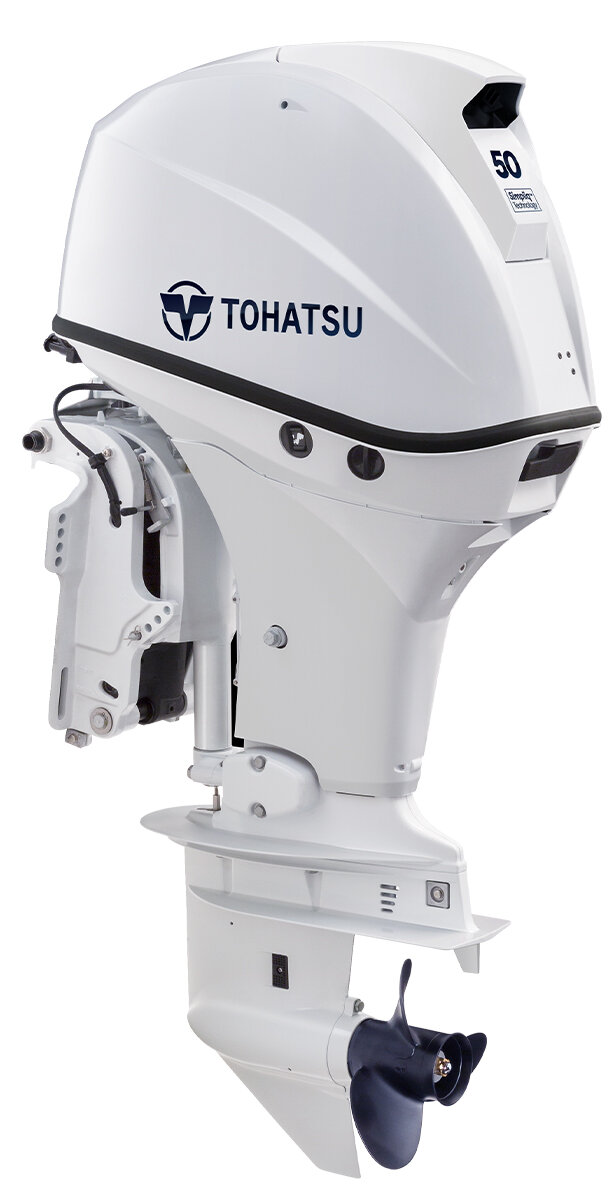 Двигатель Tohatsu 50 л.с., Beluga White MFS50AWETL - электрический запуск, дистанционное управление, L-образная нога, электрогидравлический подъемник