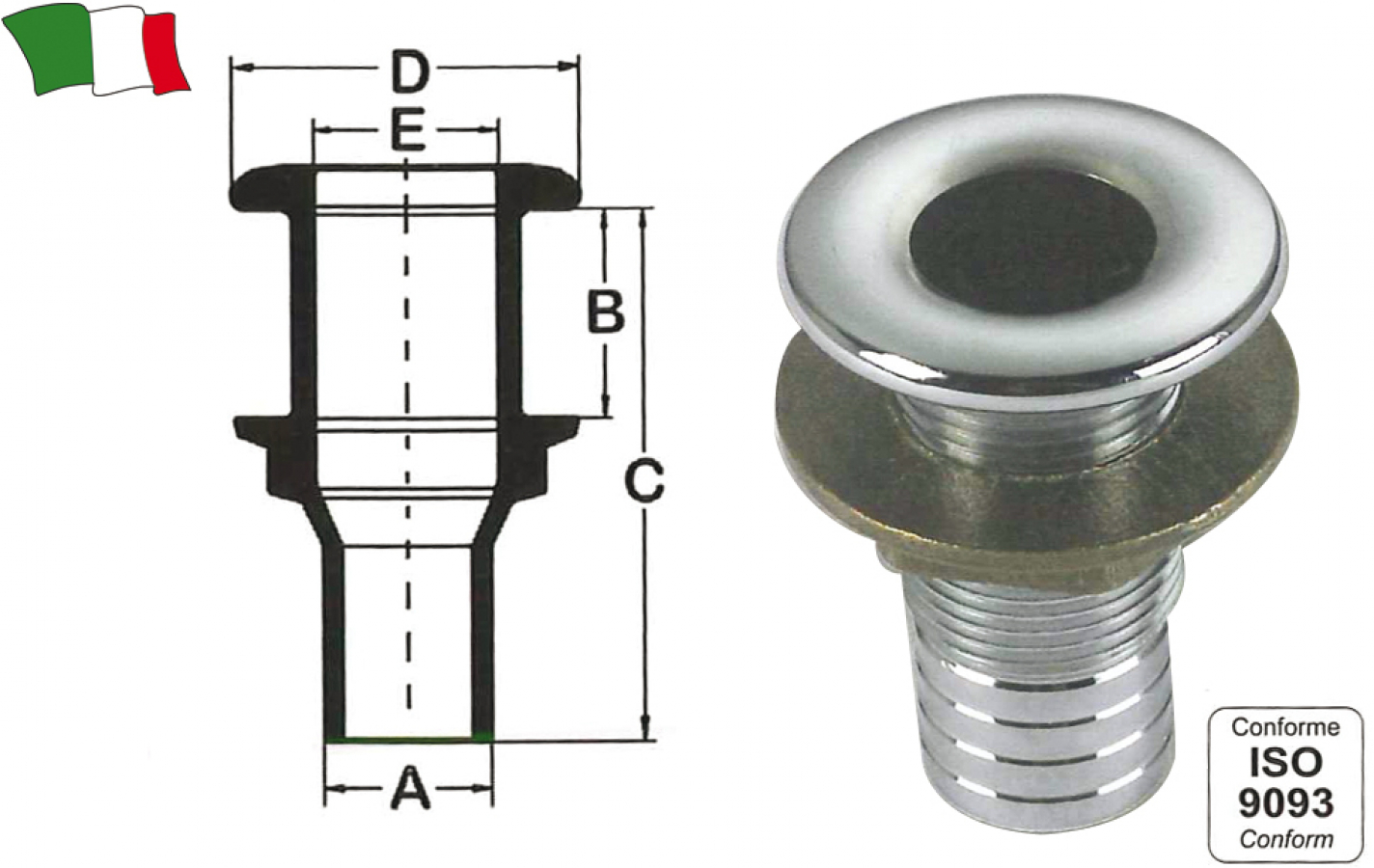 Notekcaurule - hromēts misiņš -ieeja Ø18mm