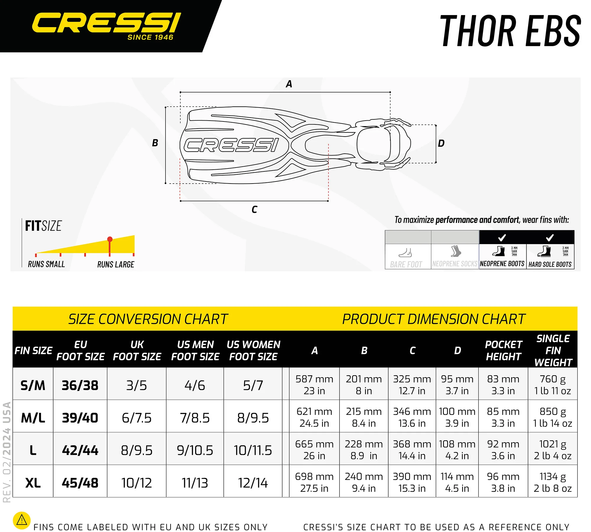Ласты для дайвинга Cressi Thor EBS - размер L (42-44) - желтый