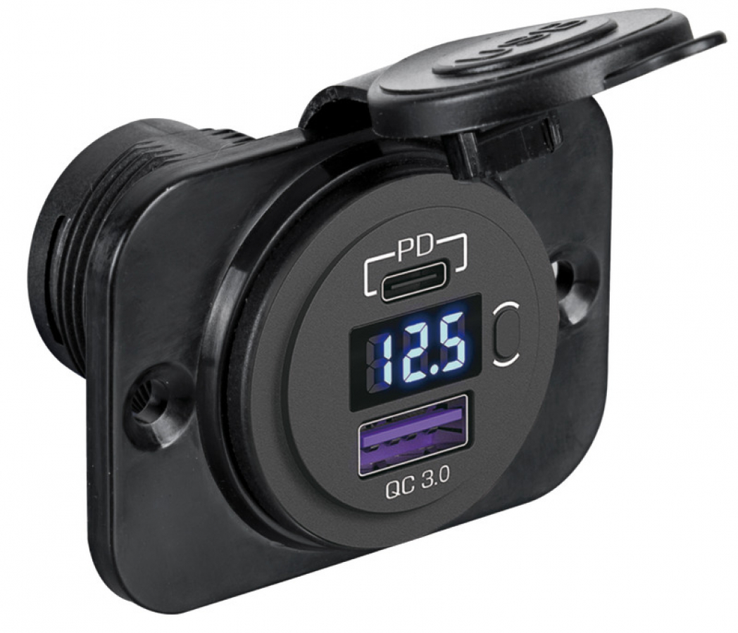 Rozete ar voltmetru 12/32V USB A + USB C 3A + 3A  QC 3