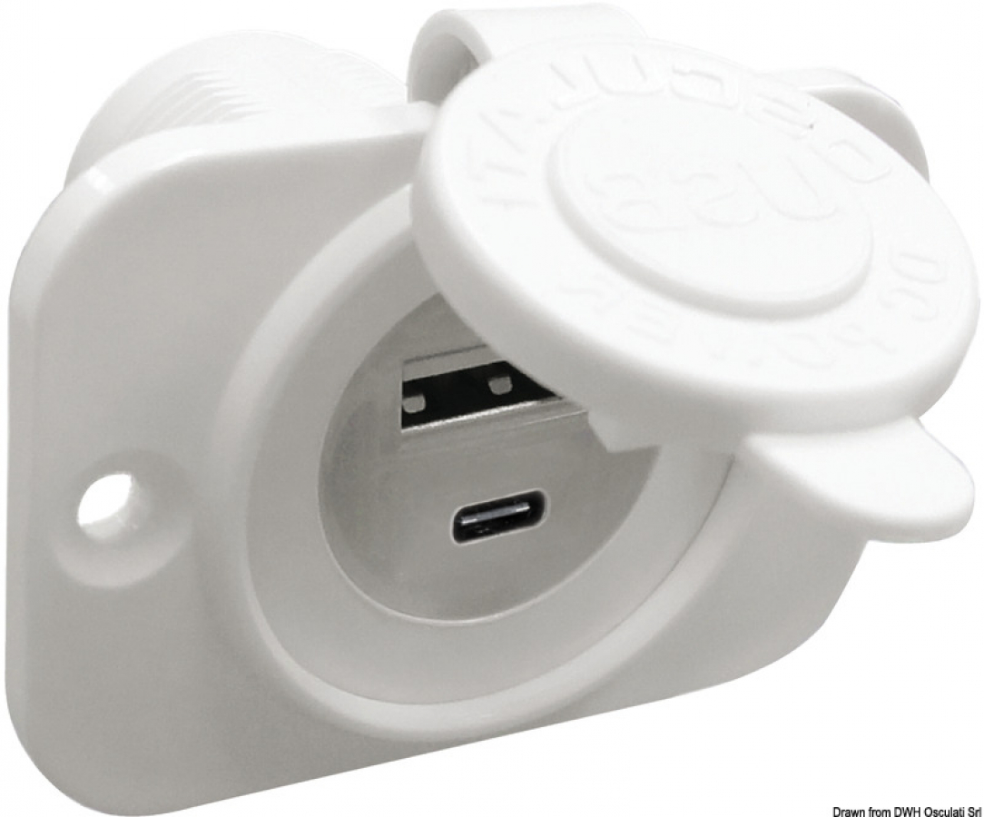 Разъём USB A+Type C — белый. Вход 12/24 В, выход 4,8 А