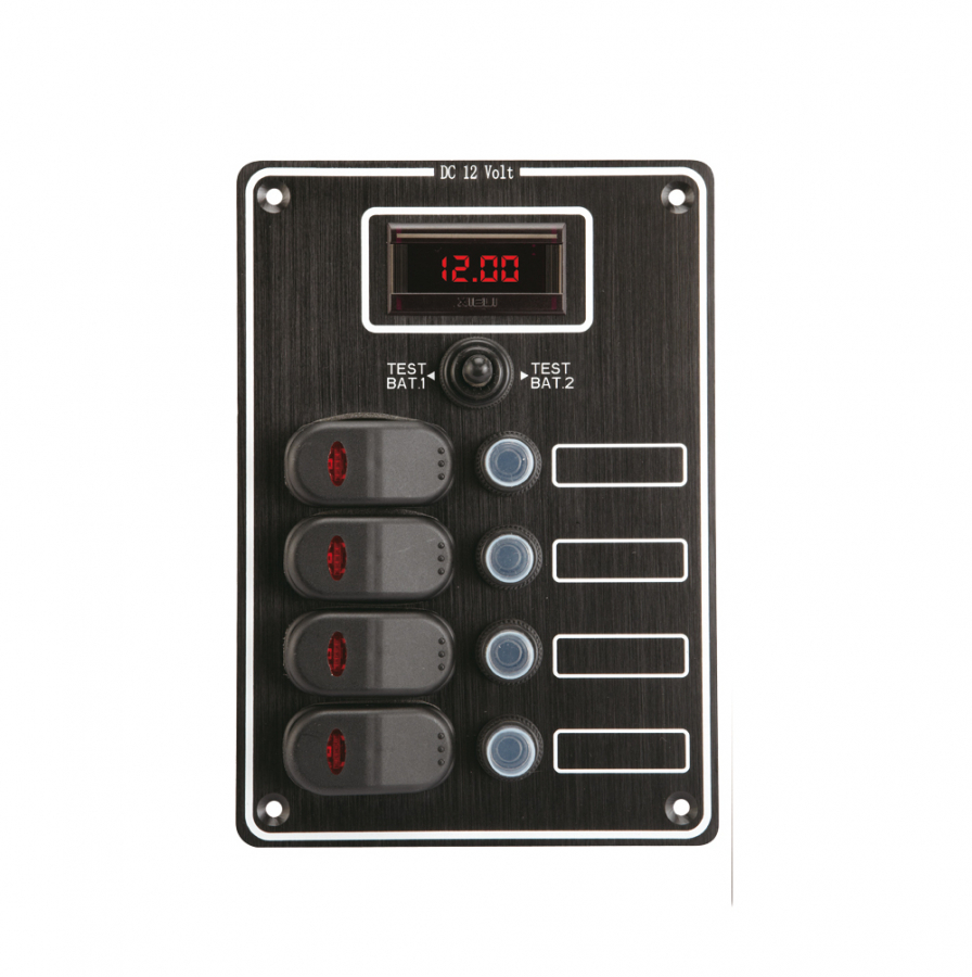 4 SWITCH PANEL WITH LED AND VOLTMETER. Fuses  3 x 15A + 1 x 5A  12V. 190,5 x 133,5mm