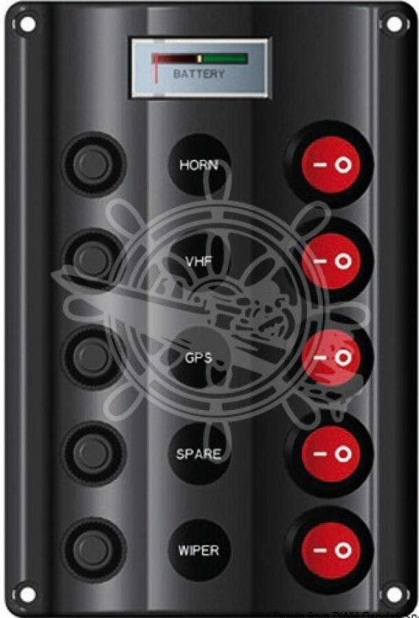 Switch panel with 5 switches with votmeter 160x107mm Automatic fuses  5Ax1+10Ax2+15Ax2 IP54