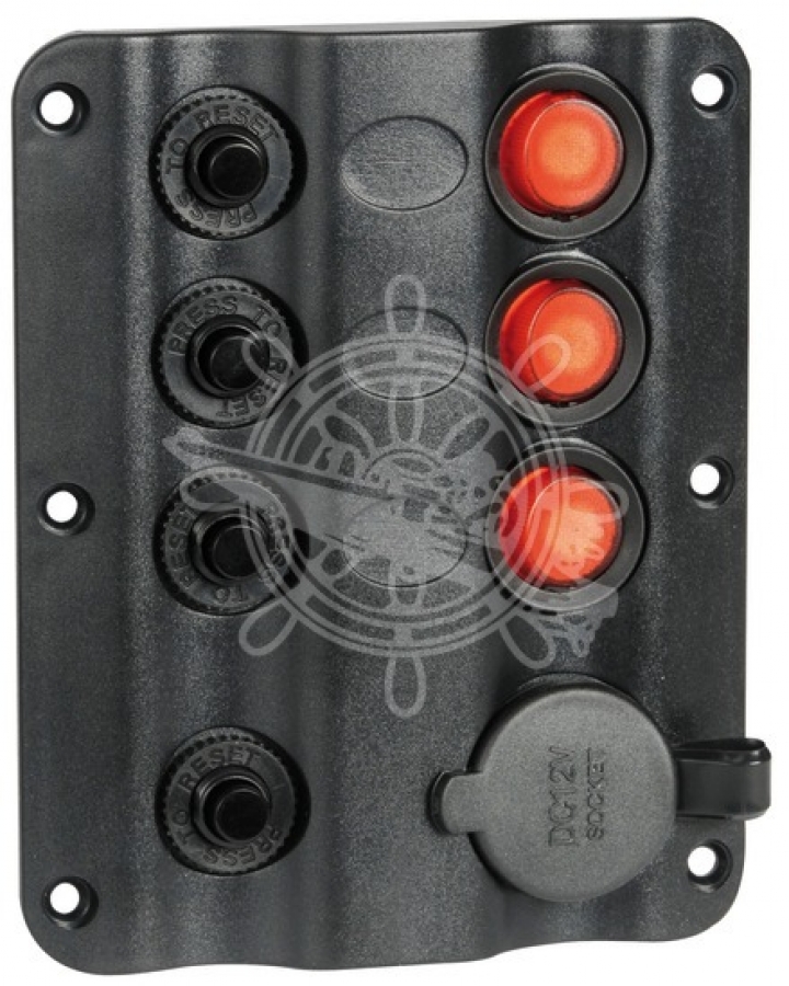 Switch panel  3 + 1 125x100mm  resettable thermal automatic fuses 4Ax1 + 6Ax1 + 8Ax1 + 10Ax1 (power outlet) IP54