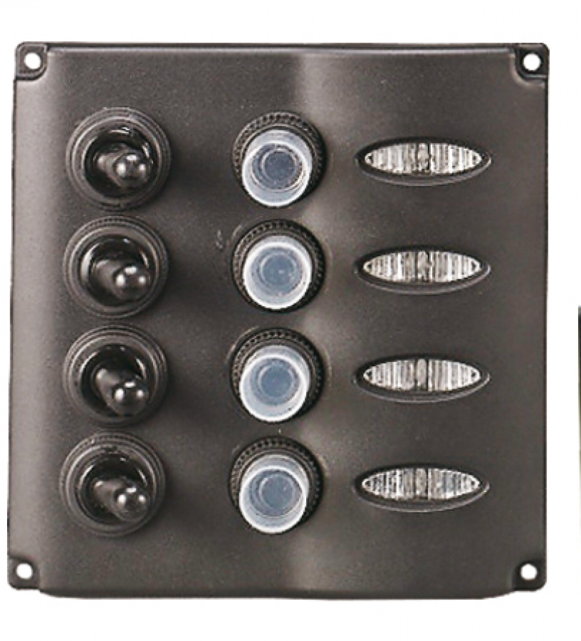 ПАНЕЛЬ ВЫКЛЮЧАТЕЛЯ С LED. Автомат. предохранители 3 x 15A + 1 x 5A 12В 110x105 мм
