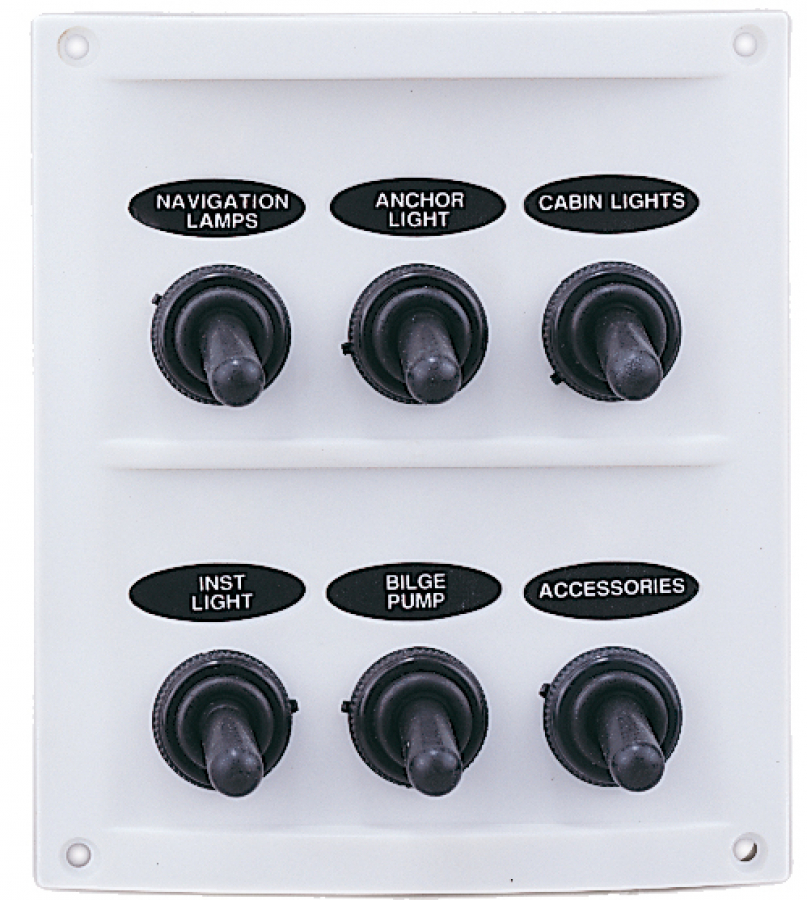 WATERPROOF ELECTRIC 6 SWITCH PANEL. White. Fuses   3 x 15 A 12V IP65  125,5x109,4mm