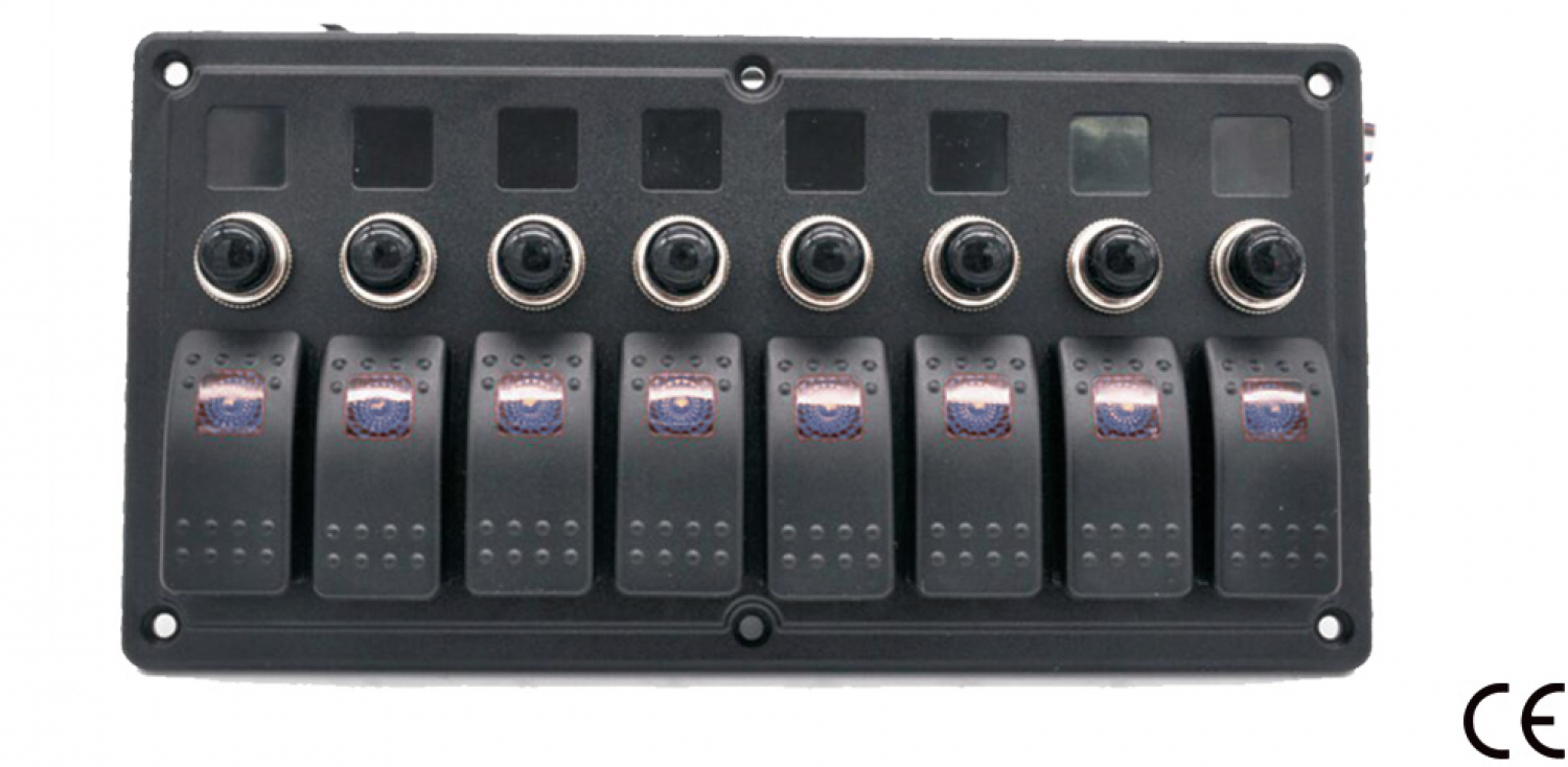 Панель переключателей 8-контактная, синяя IP65 235х120мм 12-24В 10А 7-ВЫКЛ-ВКЛ + 1-ВЫКЛ(ВКЛ)