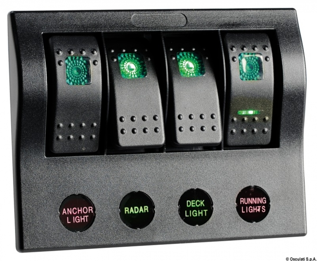 Compact electric panel  switches 3 On-Off, 1 (ON)-OFF . LED light 131x100mm 1x5A; 2x10A; 1x15A