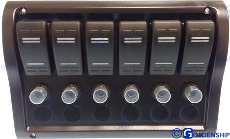 Switch panel with 6 switches 110 x 190 mm (1 x 5A, 3 x 10A, 2 x 15A) 12V