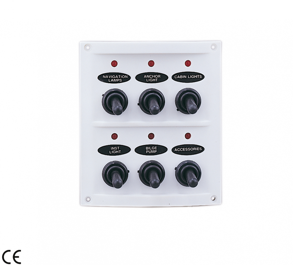 Slēdžu panelis IP65 balts 6slēdži plus LED. Drošinātāji 3 x 15 A 12V 125,5 x 109,4 mm