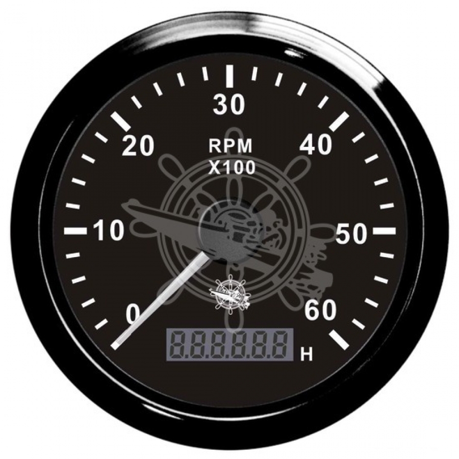 Tahometrs 0-6000 RPM melns/hroms (Ar stundu skaitītāju 12/24V)