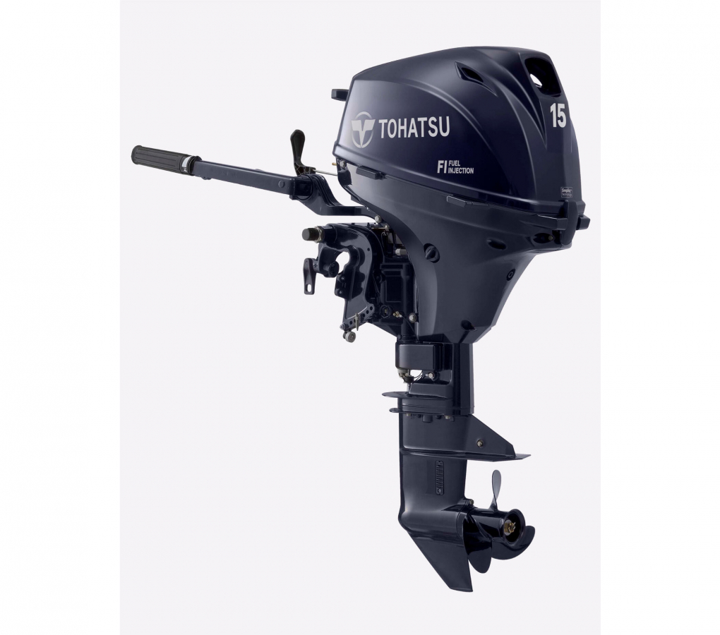 Engine Tohatsu MFS15 ES - Short leg, trunk, electronic fuel injection, engine hours counter with tachometer included!