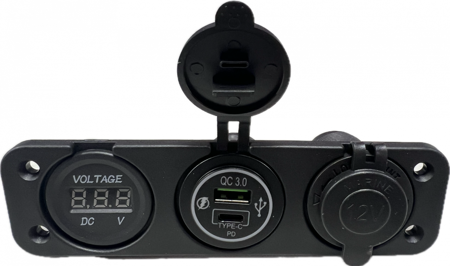 Voltmeter 8-32V + 12V Socket + USB socket type A  QC3+ type C