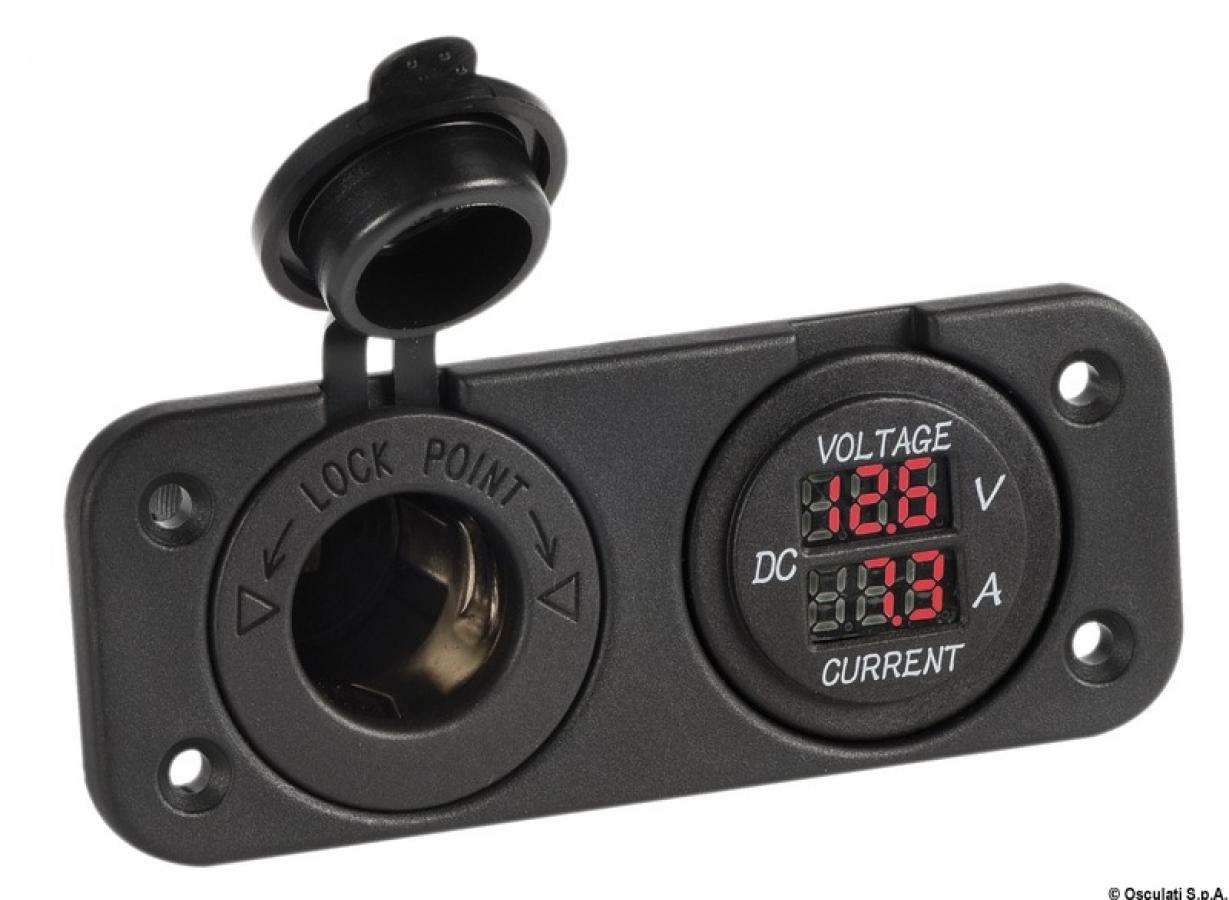 Voltmetrs 8-32V Ampermetrs 0-10A 12V rozete 105x45mm