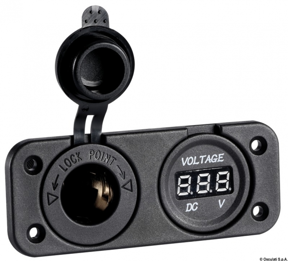 Digital voltmeter and power outlet recess mounting - black 8-32V 105x45mm